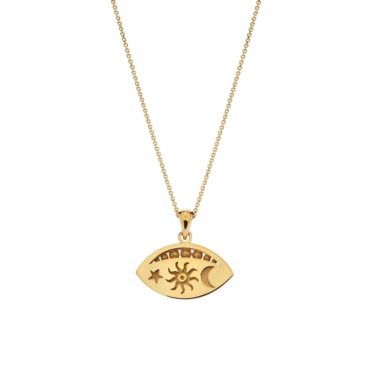 Collier avec pendentif en forme d'œil maléfique et diamants bleus et blancs en or jaune 18Kt
au dos sont gravés le soleil, la lune et une étoile 

Collier pendentif œil maléfique avec diamants bleus et blancs pavés  et un diamant central de taille