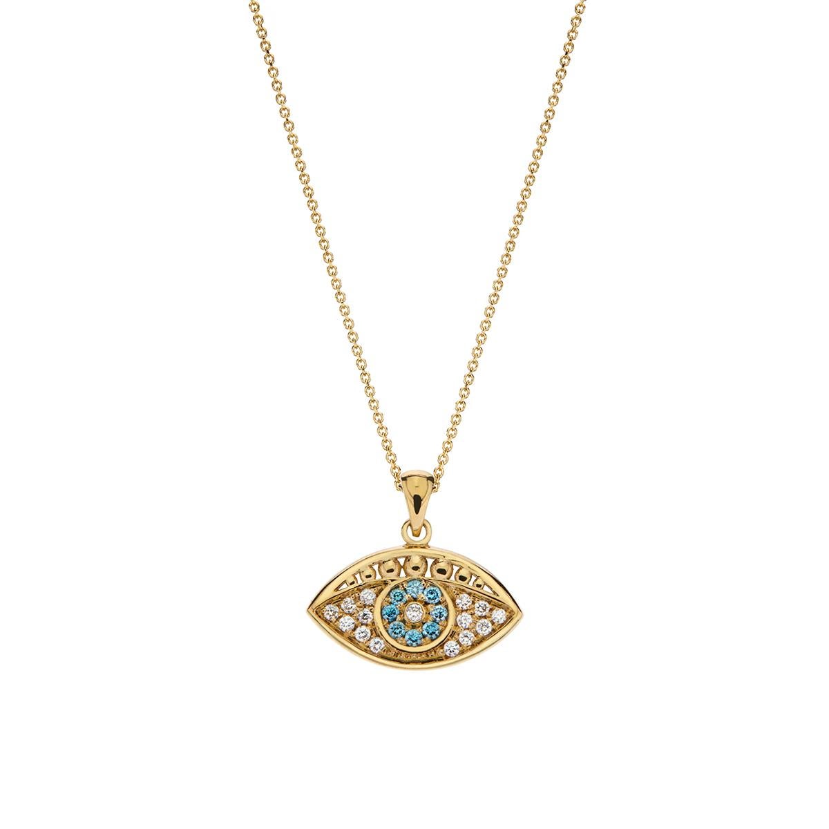 Moderne Collier avec pendentif en forme d'œil maléfique et diamants bleus et blancs en or jaune 18Kt en vente