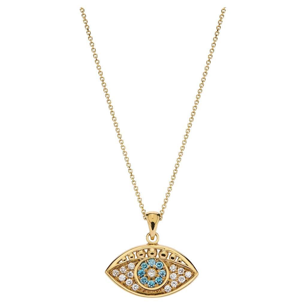 Evil Eye Shape Pendant Necklace with Blue & White Diamonds in 18Kt Yellow Gold