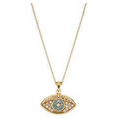 Evil Eye Shape Pendant Necklace with Blue & White Diamonds in 18Kt Yellow Gold