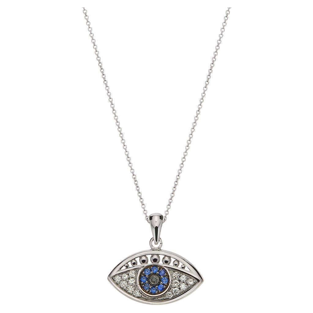 Evil Eye Shape Pendant Necklace with Diamonds & Sapphires in 18Kt White Gold