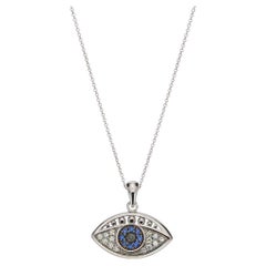Evil Eye Shape Pendant Necklace with Diamonds & Sapphires in 18Kt White Gold