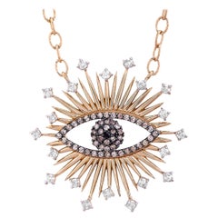 Evil Eye Talisman Large Pendant Brown Diamonds Necklace .69ct Yellow Gold