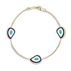 Evil Eye Tennis Bracelet 18K Gold White Diamond & Blue Turquoise White Enamel