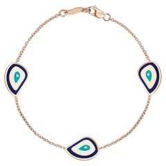 Evil Eye Tennis Bracelet 18K Gold White Diamond & Blue Turquoise White Enamel