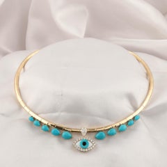 Evil Eye Turquoise Choker Necklace 14K Yellow Gold Natural Diamond Jewelry