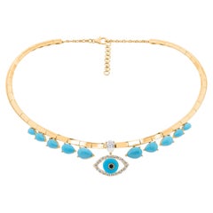 Evil Eye Turquoise Choker Necklace 14K Yellow Gold Natural Diamond Jewelry