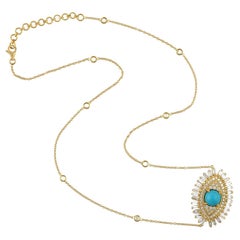 Collier à pendentifs en or jaune 18k avec turquoise et diamants, oeil maléfique