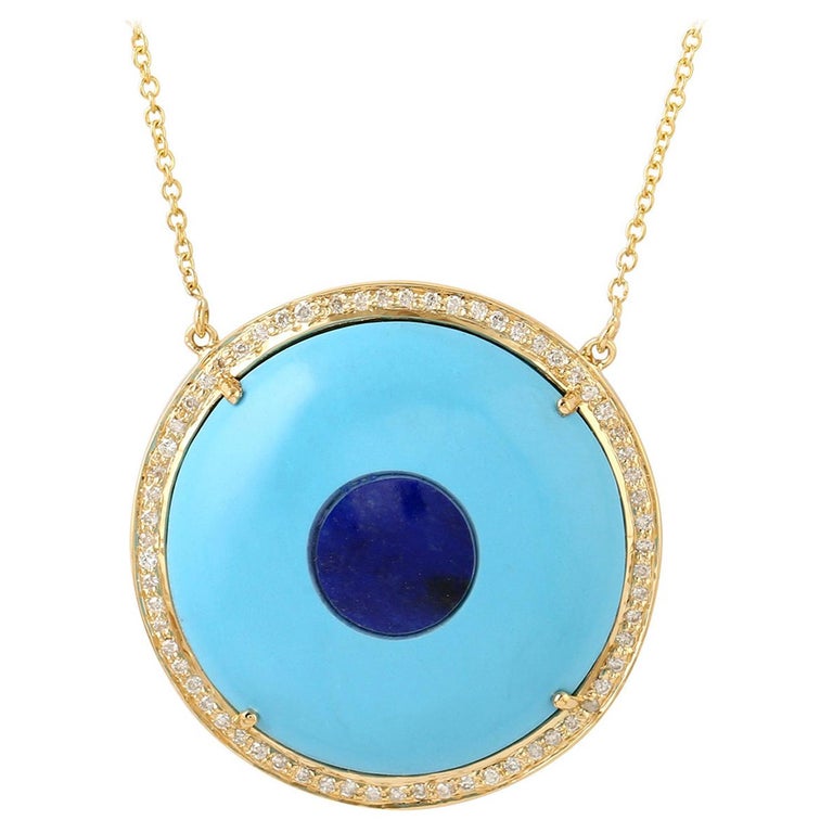 Evil Eye Turquoise Lapis Diamond 18 Karat Gold Pendant Necklace For