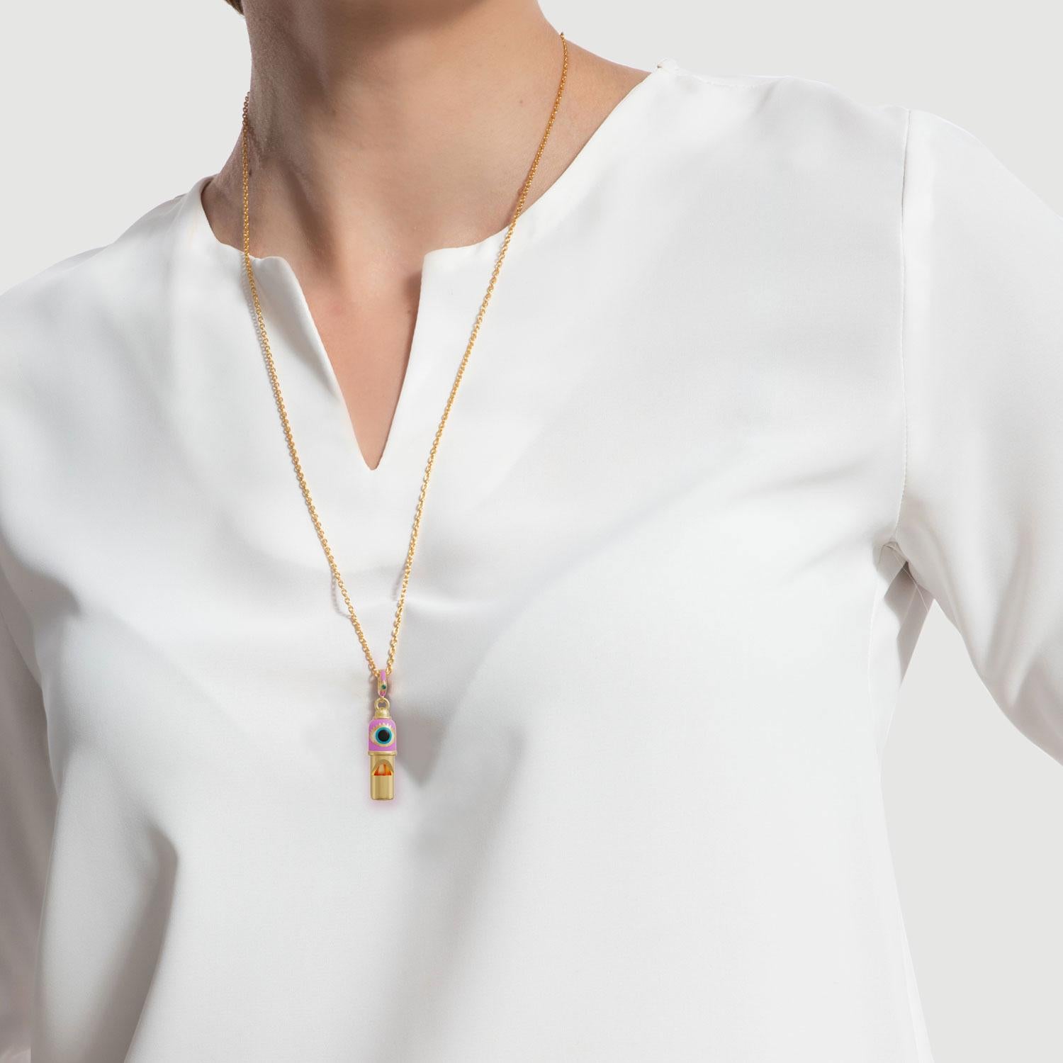 Brilliant Cut Evil Eye Whistle Pendant Necklace, PinkEnamel For Sale