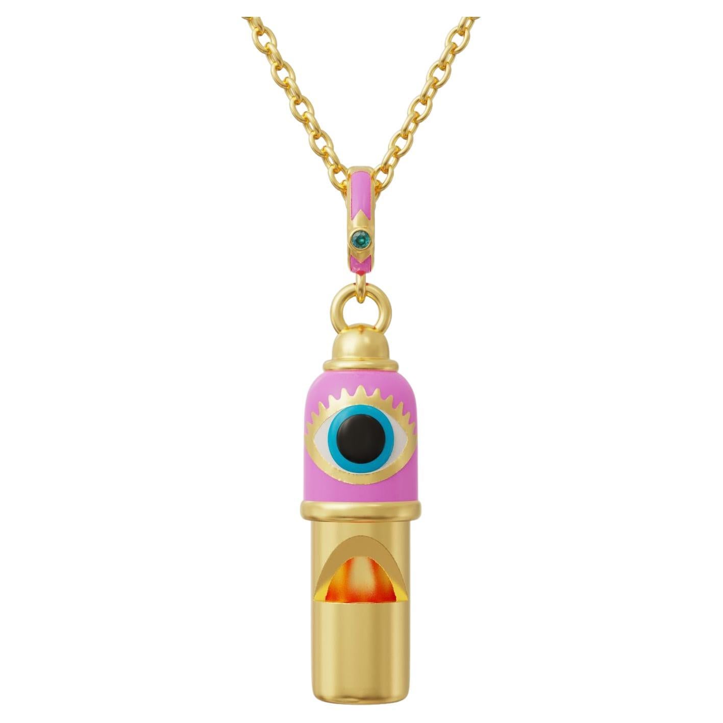Evil Eye Whistle Pendant Necklace, PinkEnamel For Sale