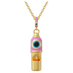 Used Evil Eye Whistle Pendant Necklace, PinkEnamel