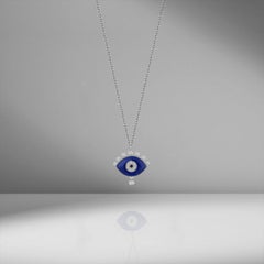 Evil Eye White & Black Diamond Blue Enamel 18 Karat White Gold Necklace Pendant