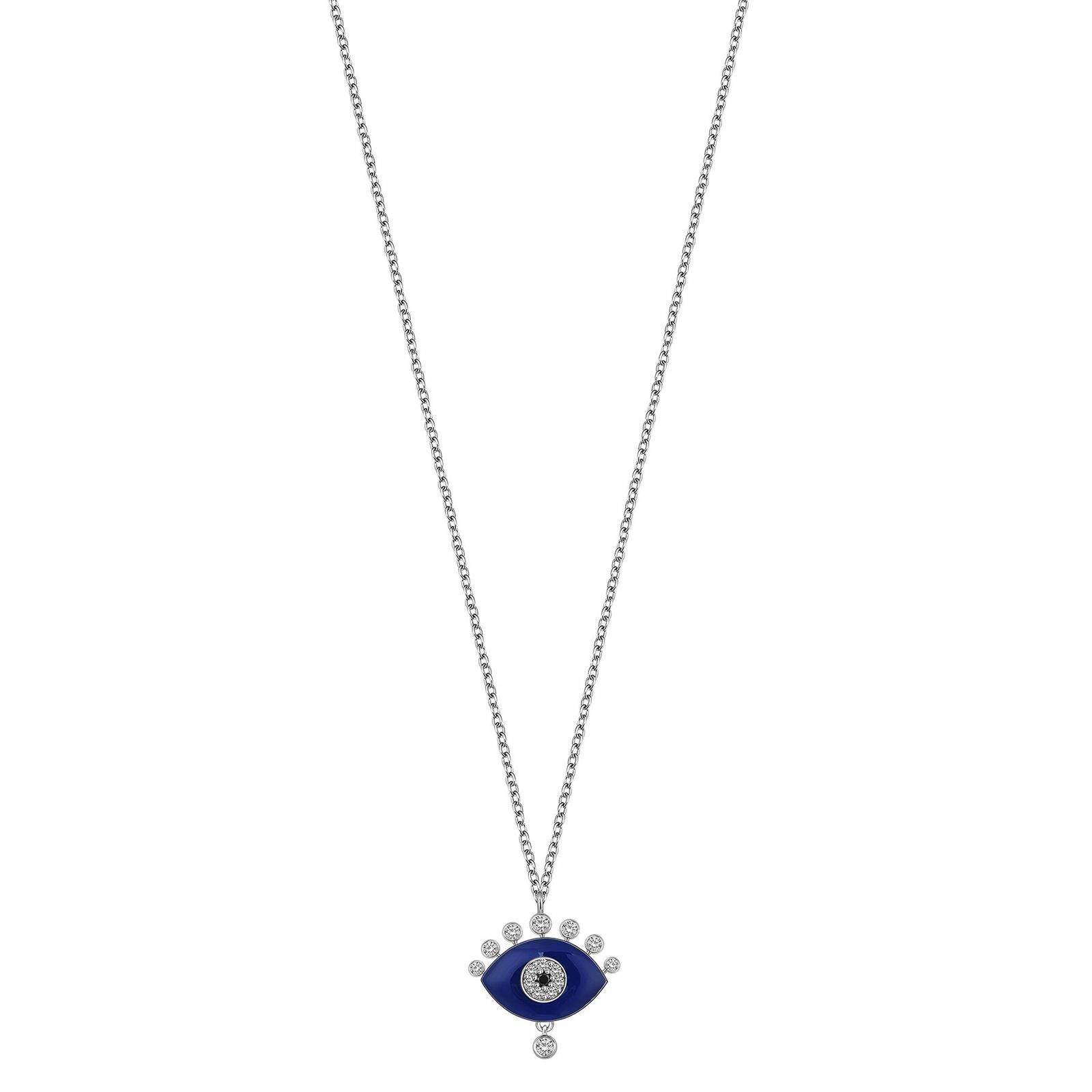 Artisan Evil Eye White & Black Diamond Blue Enamel 18 Karat White Gold Necklace Pendant For Sale