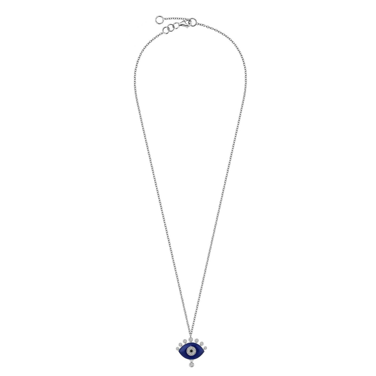 Round Cut Evil Eye White & Black Diamond Blue Enamel 18 Karat White Gold Necklace Pendant For Sale
