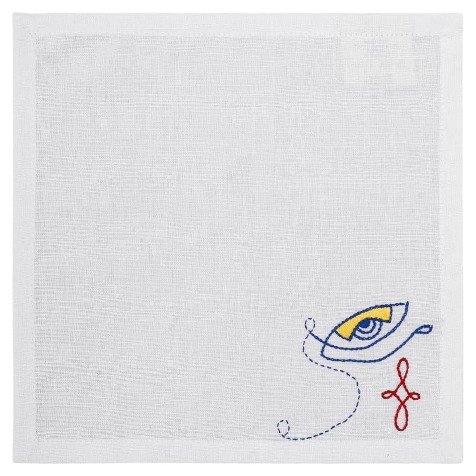Indien Ensemble de 4 serviettes de cocktail blanches brodées à la main Evil Eye de Vikram Goyal en vente
