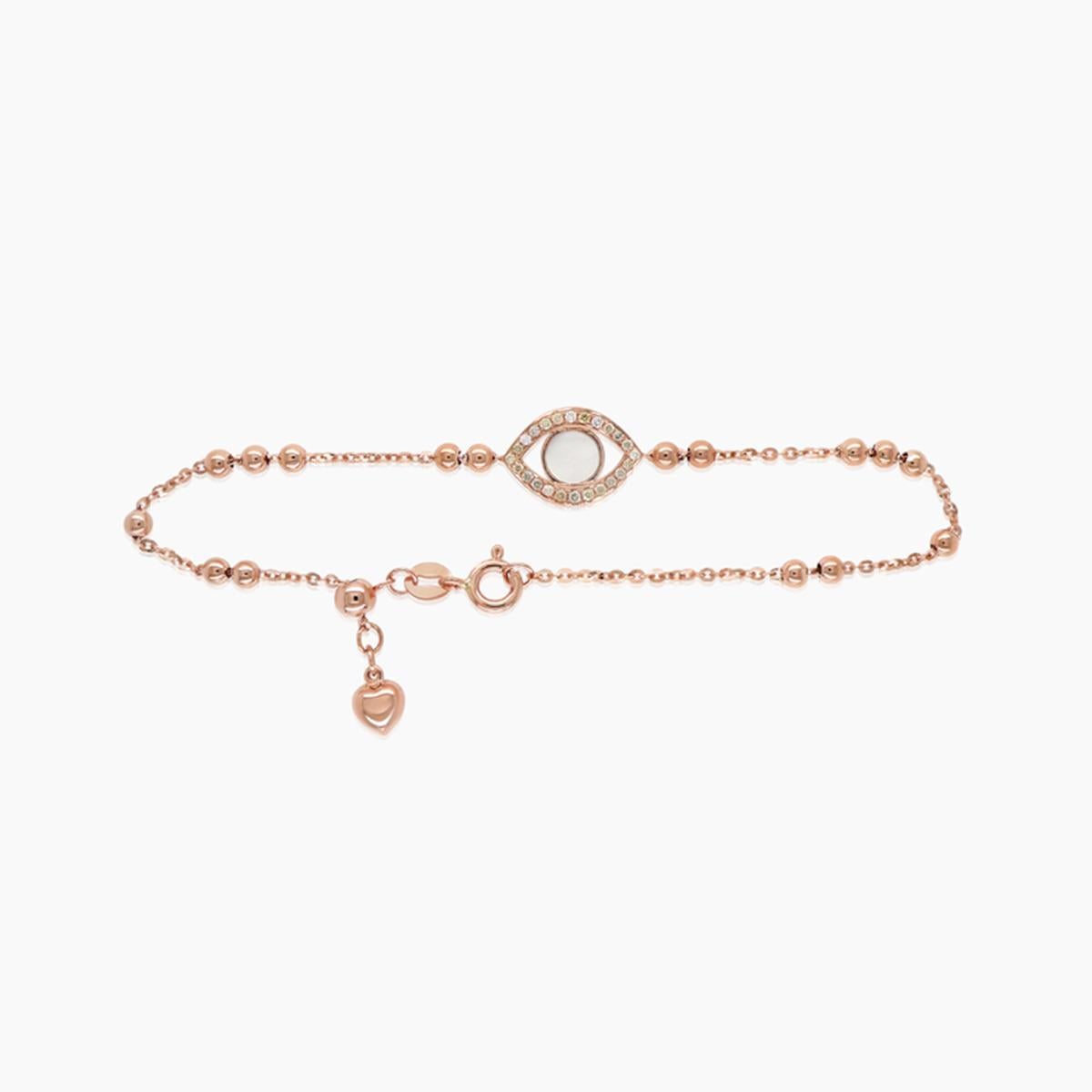 Mixed Cut Evil Eye White Pearl & Fancy Diamond 18K Rose Gold Bead Link Chain Bracelet For Sale