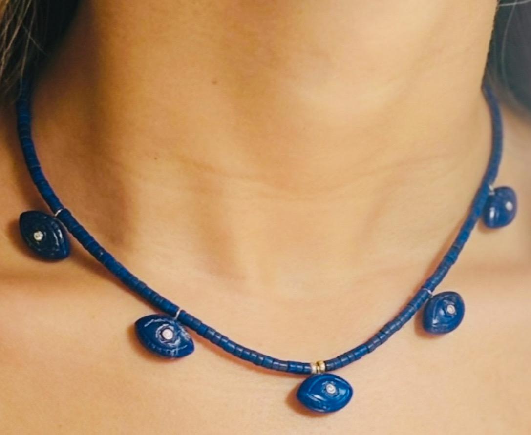Collana EVIL EYES con Lapis, diamanti, smeraldi e oro 14k in vendita 6