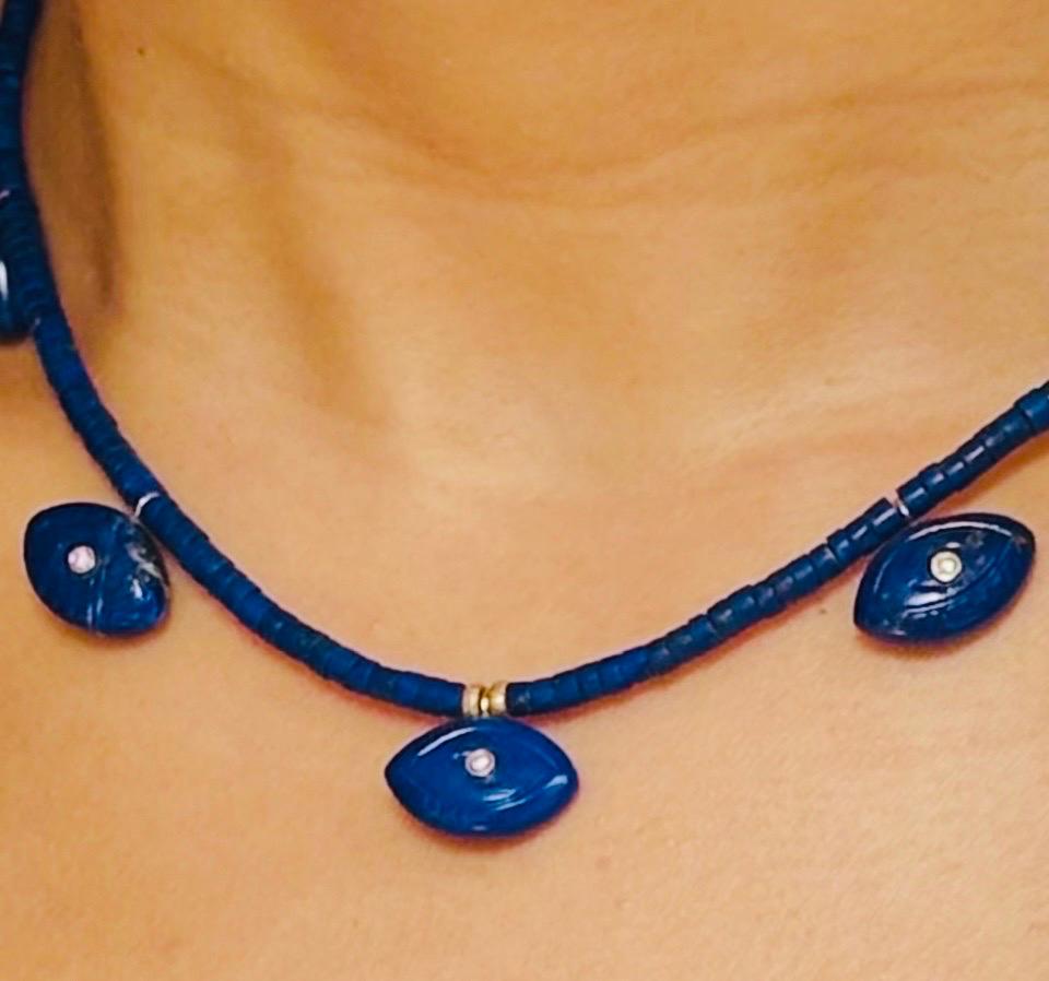da uomo o donna Collana EVIL EYES con Lapis, diamanti, smeraldi e oro 14k in vendita