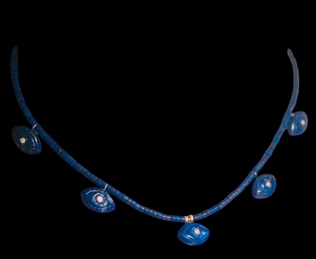 Collana EVIL EYES con Lapis, diamanti, smeraldi e oro 14k in vendita 4