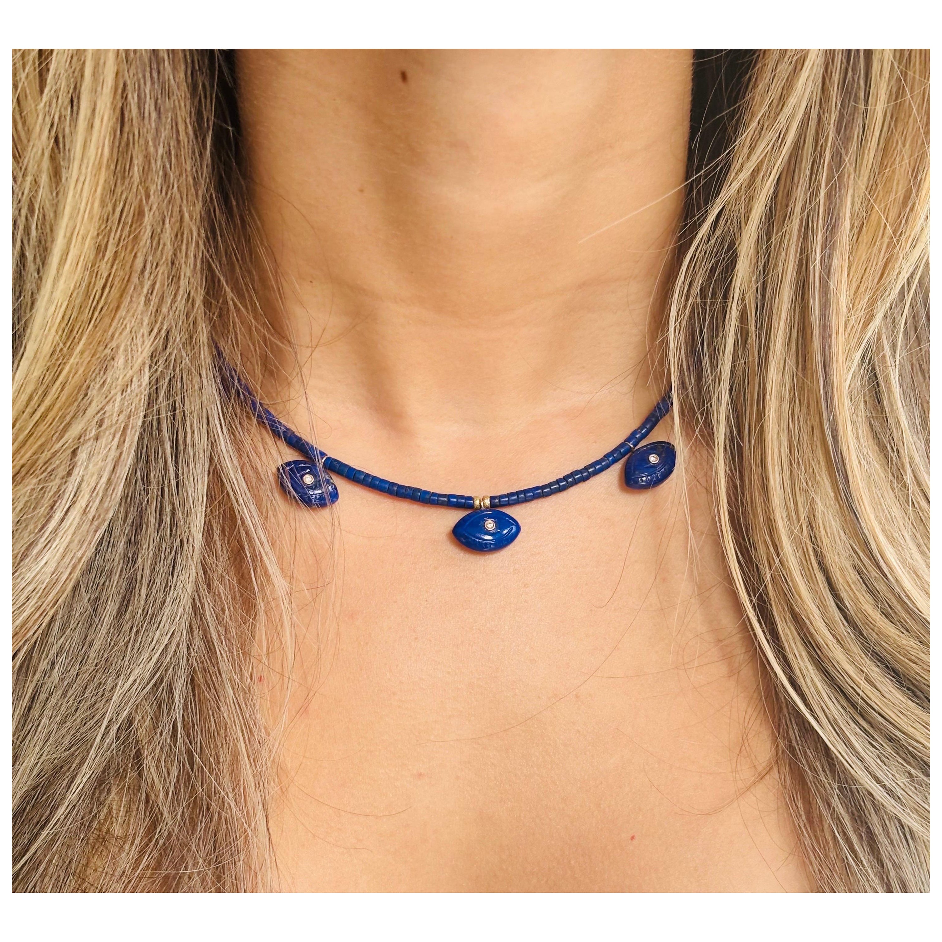 Evil EYES Halskette mit Lapis, Diamanten, Smaragden und 14k Gold im Angebot