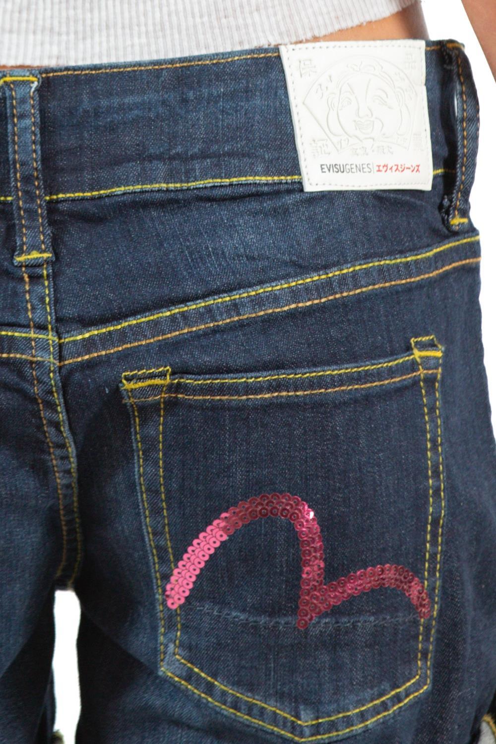 Short en jean Evisu rose à paillettes en vente 2