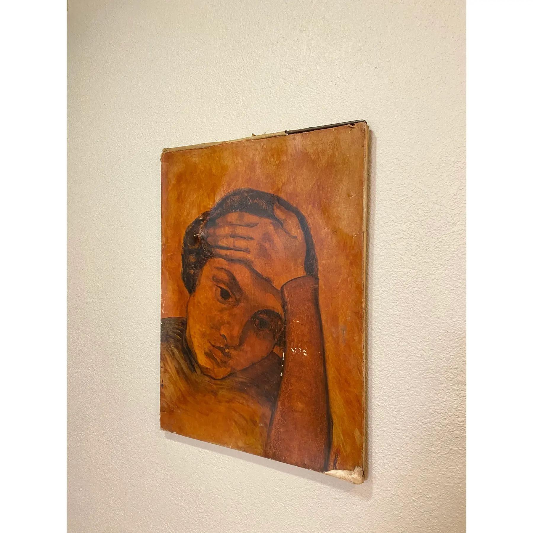 Art déco Peinture évocatrice des années 1940 représentant une femme dans des tons ocre en vente