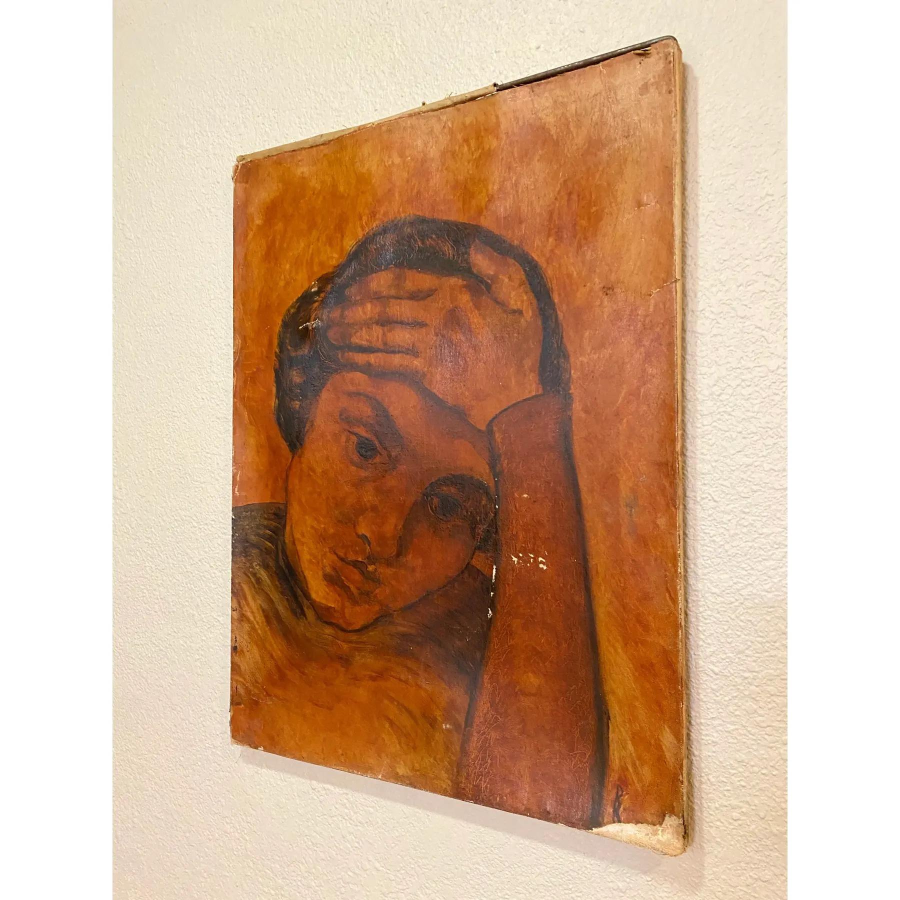 Peint à la main Peinture évocatrice des années 1940 représentant une femme dans des tons ocre en vente