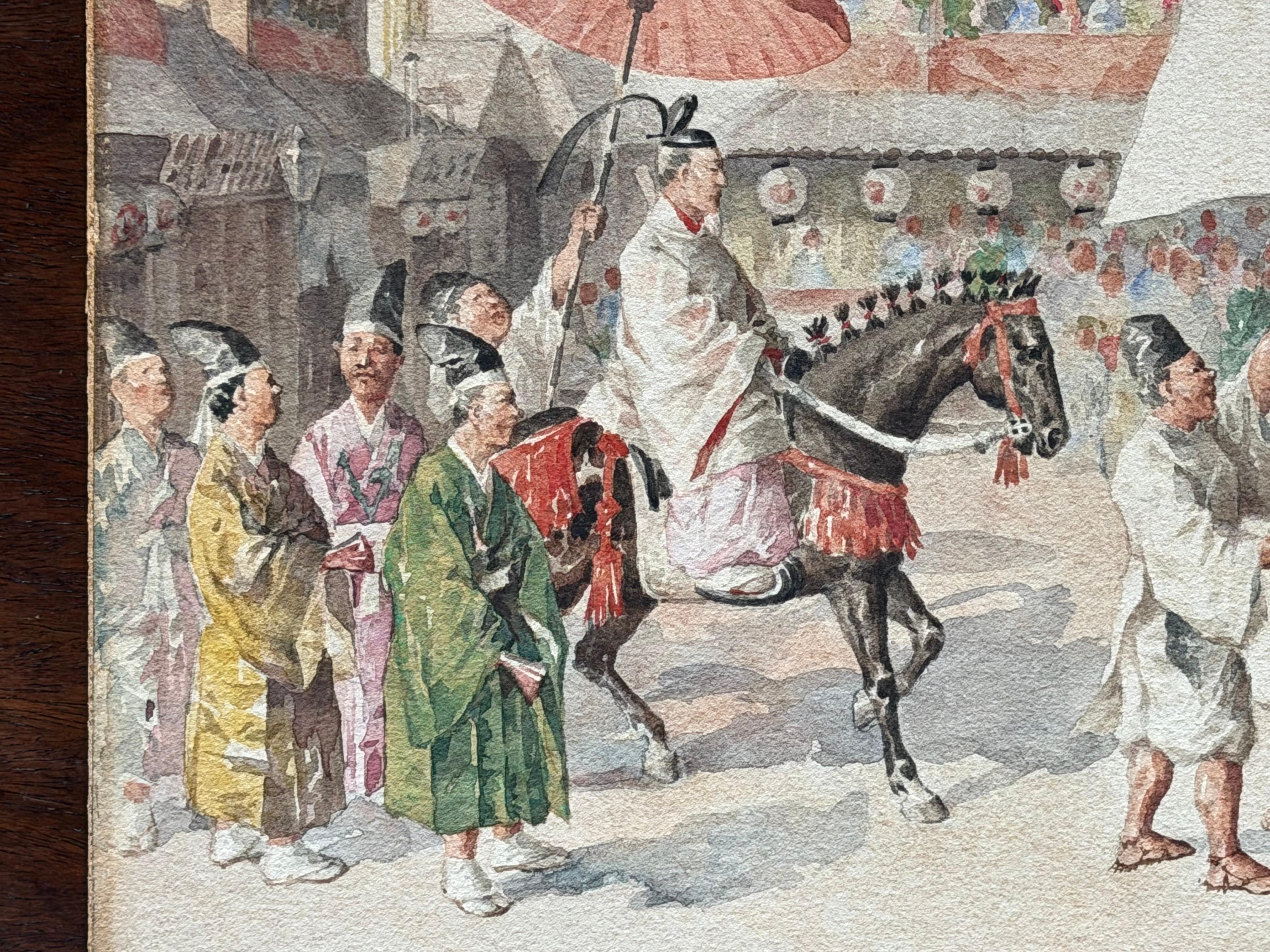 Aquarelle japonaise évocatrice d'une scène de parade cérémonielle dans un cadre en bois doré en vente 5