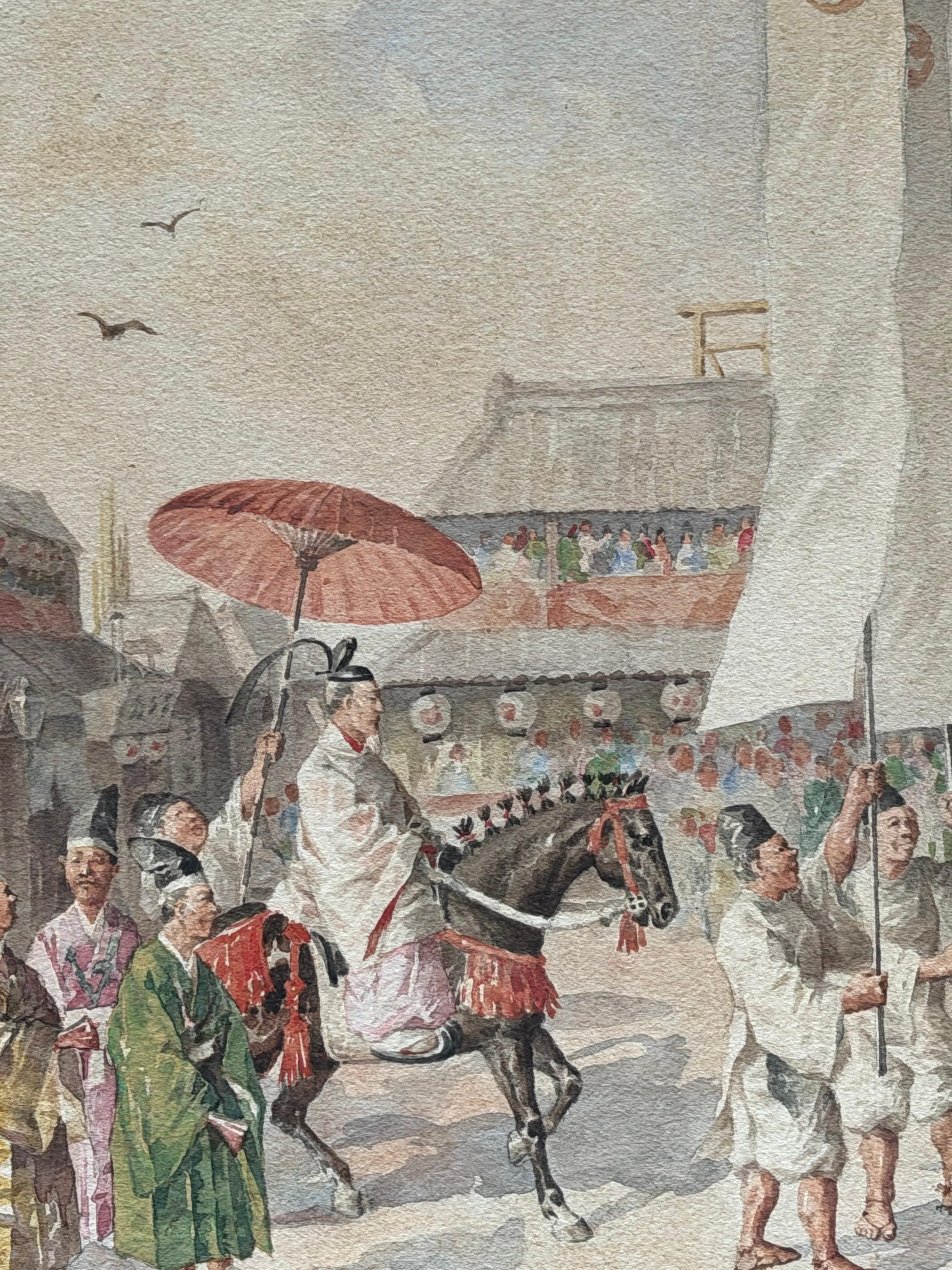 Aquarelle japonaise évocatrice d'une scène de parade cérémonielle dans un cadre en bois doré en vente 6