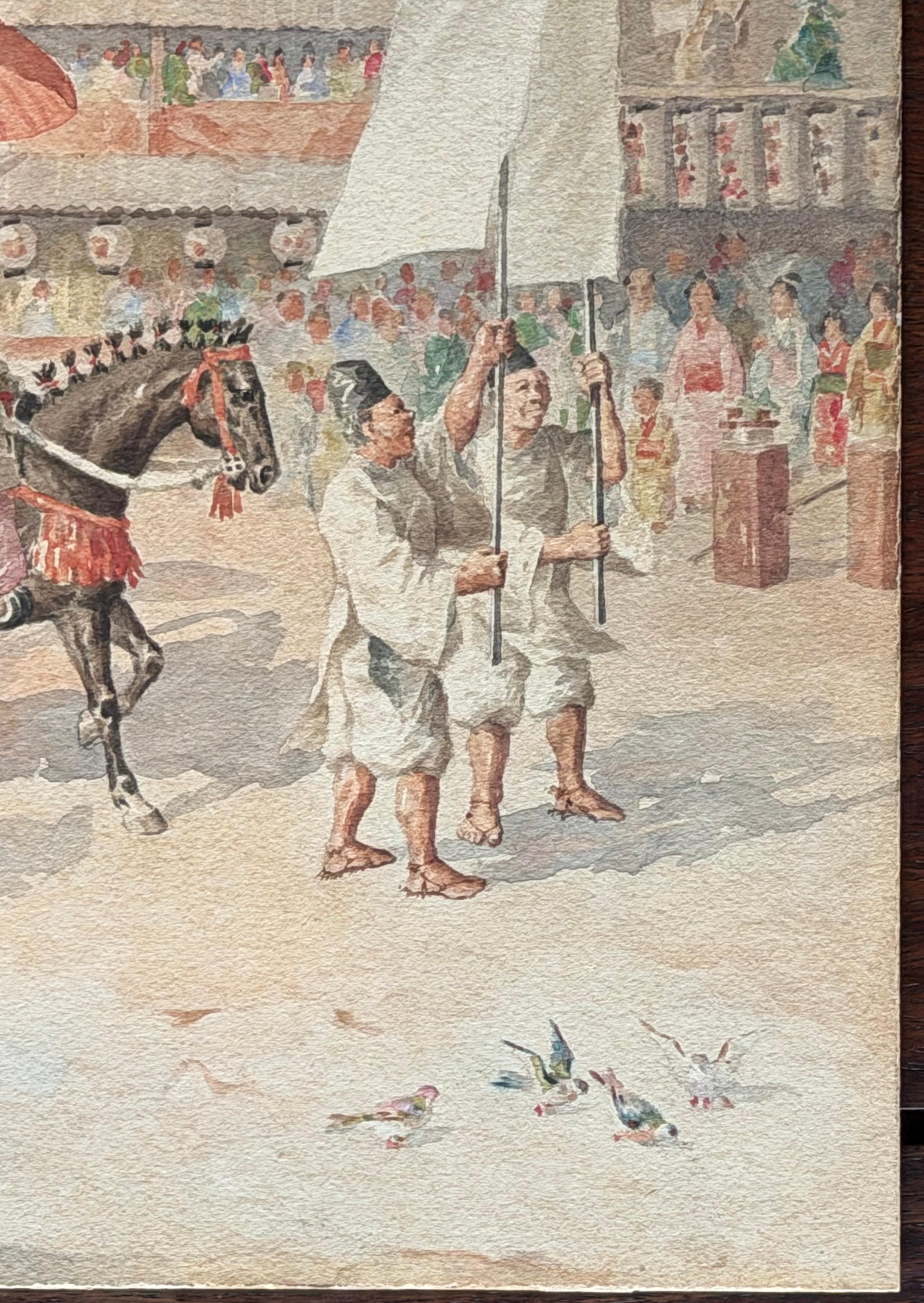 Aquarelle japonaise évocatrice d'une scène de parade cérémonielle dans un cadre en bois doré en vente 7