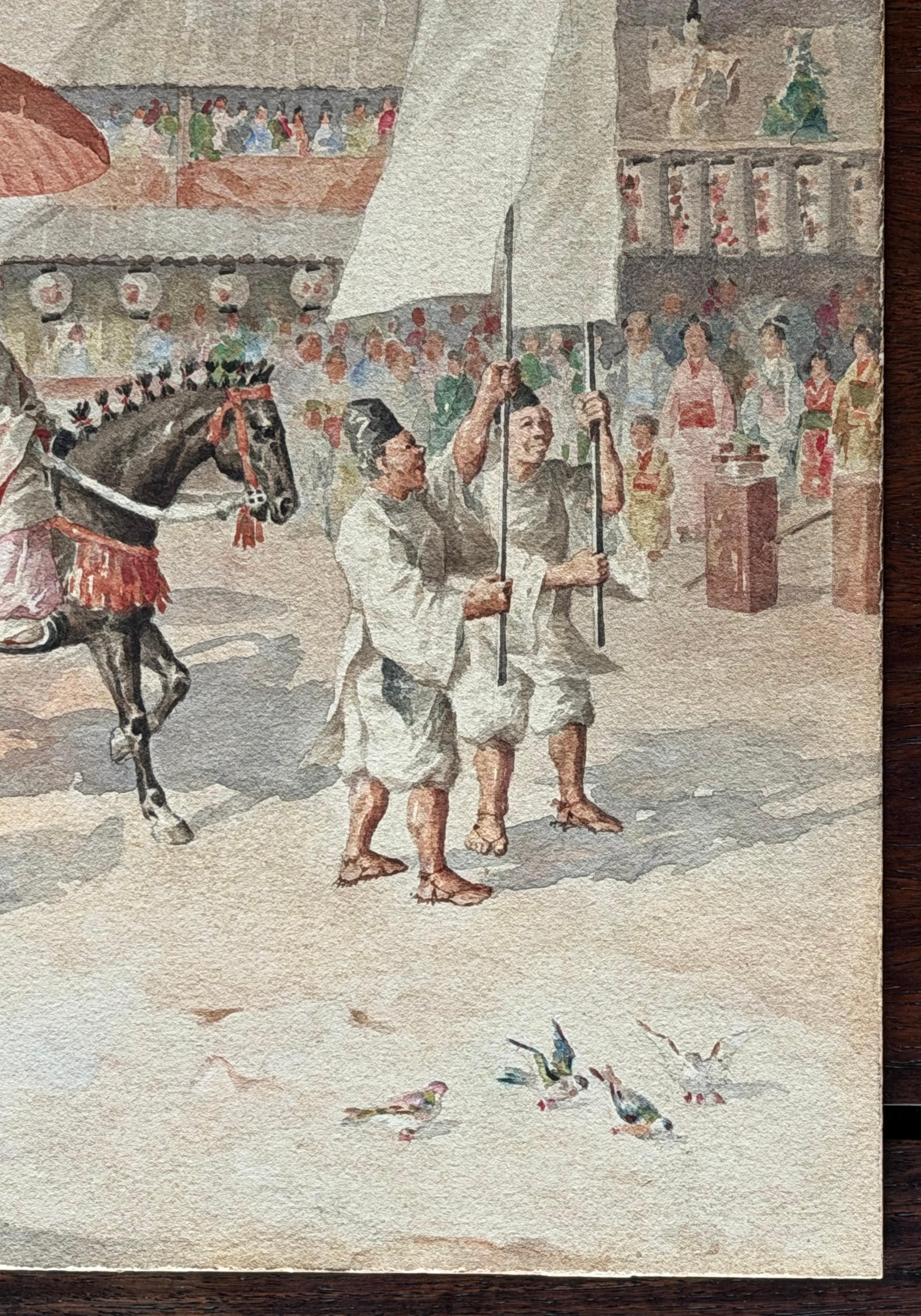 Aquarelle japonaise évocatrice d'une scène de parade cérémonielle dans un cadre en bois doré en vente 8