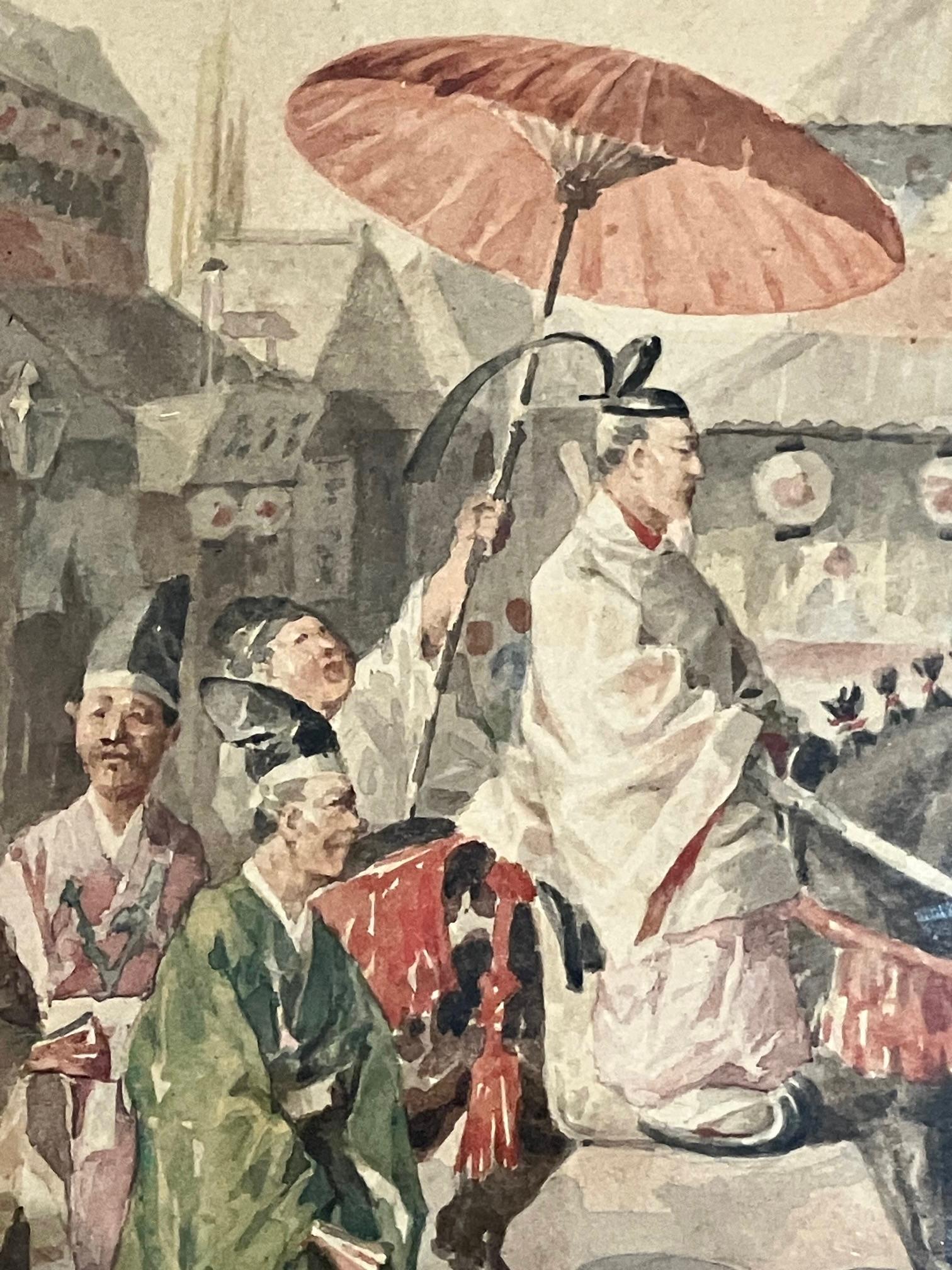 Japonais Aquarelle japonaise évoquant une scène de parade de cérémonie dans un cadre en bois doré. en vente