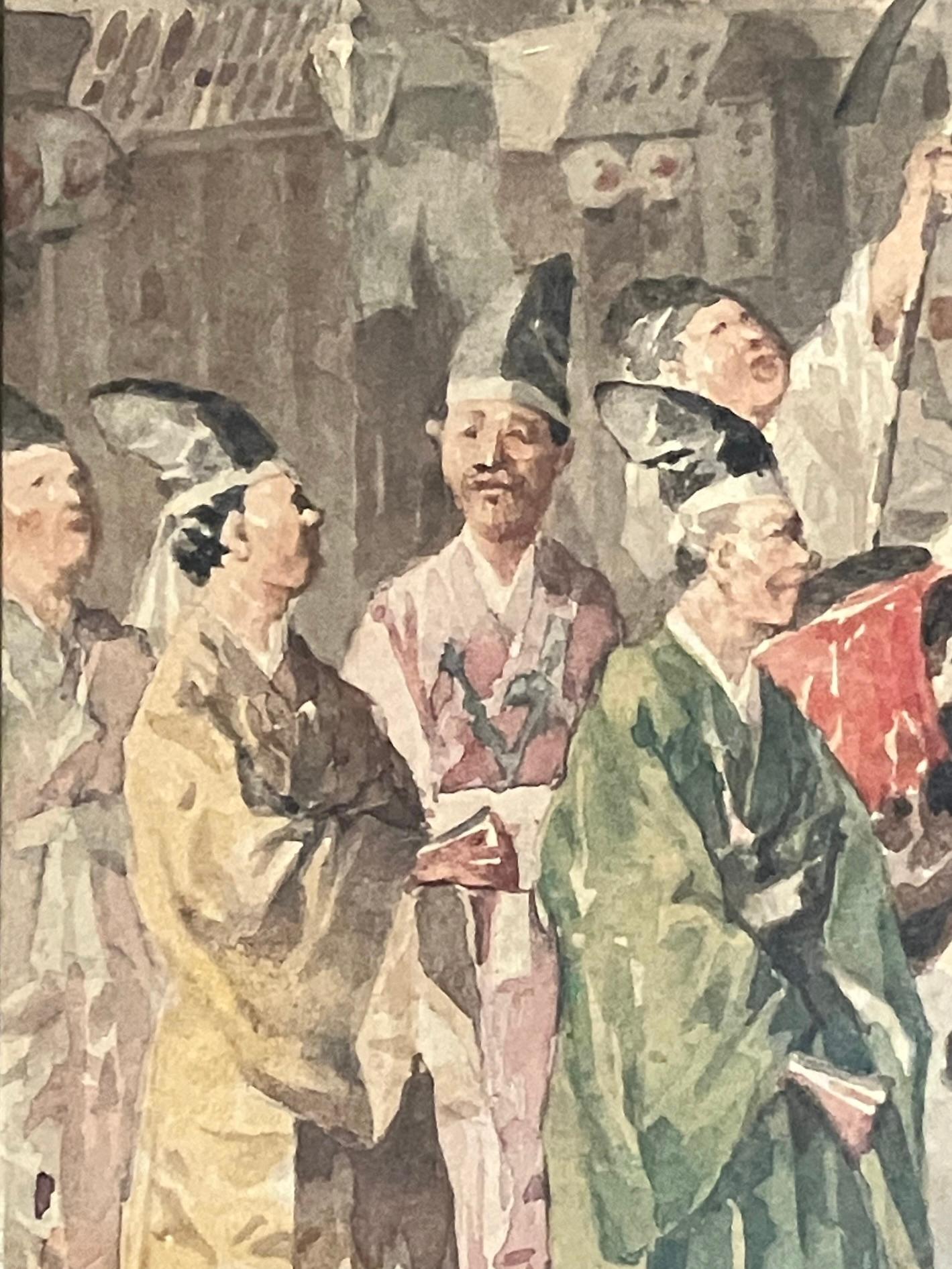 Aquarelle japonaise évoquant une scène de parade de cérémonie dans un cadre en bois doré. en vente 3