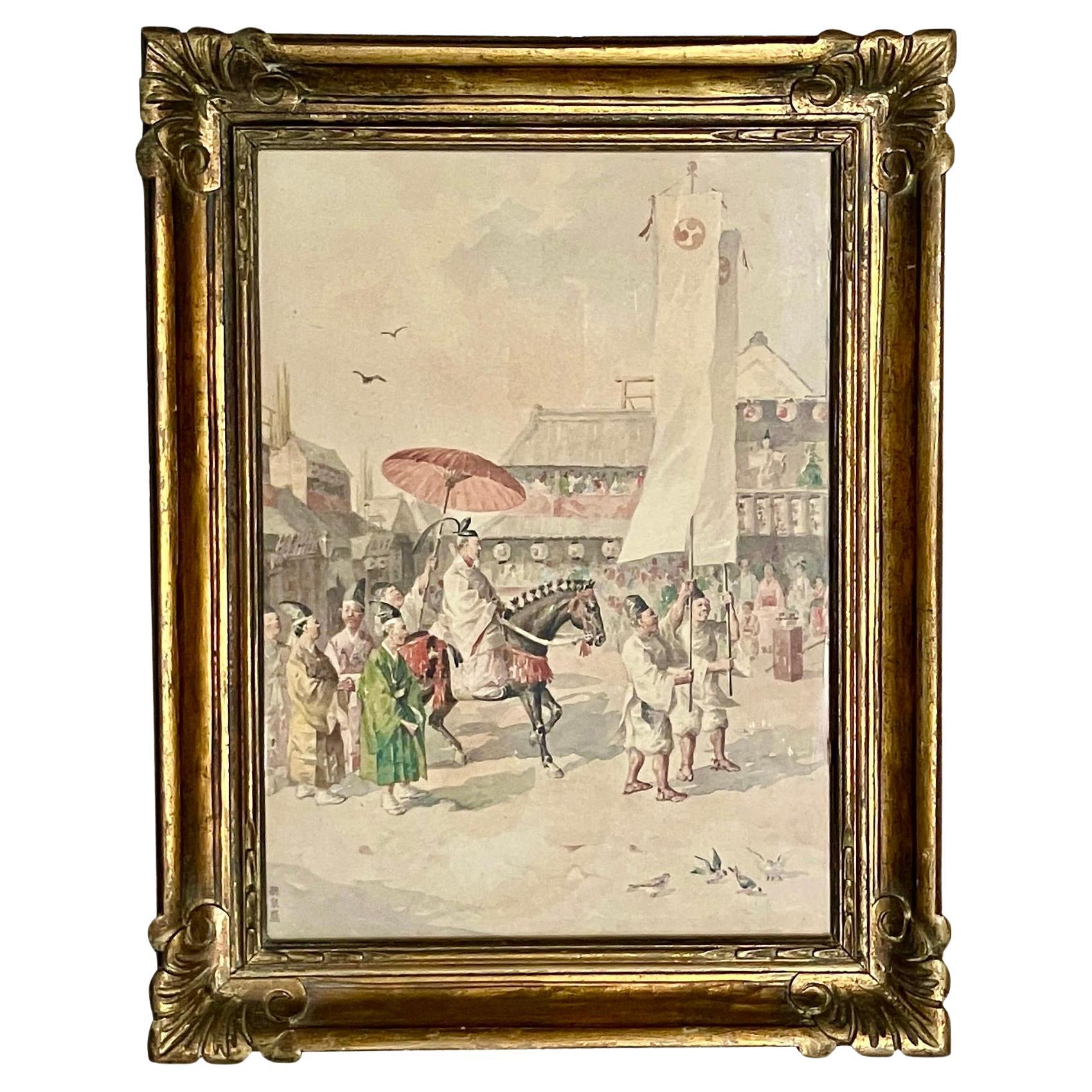 Evocative Japanese Watercolor of a Ceremonial Parade Scene in Giltwood Frame