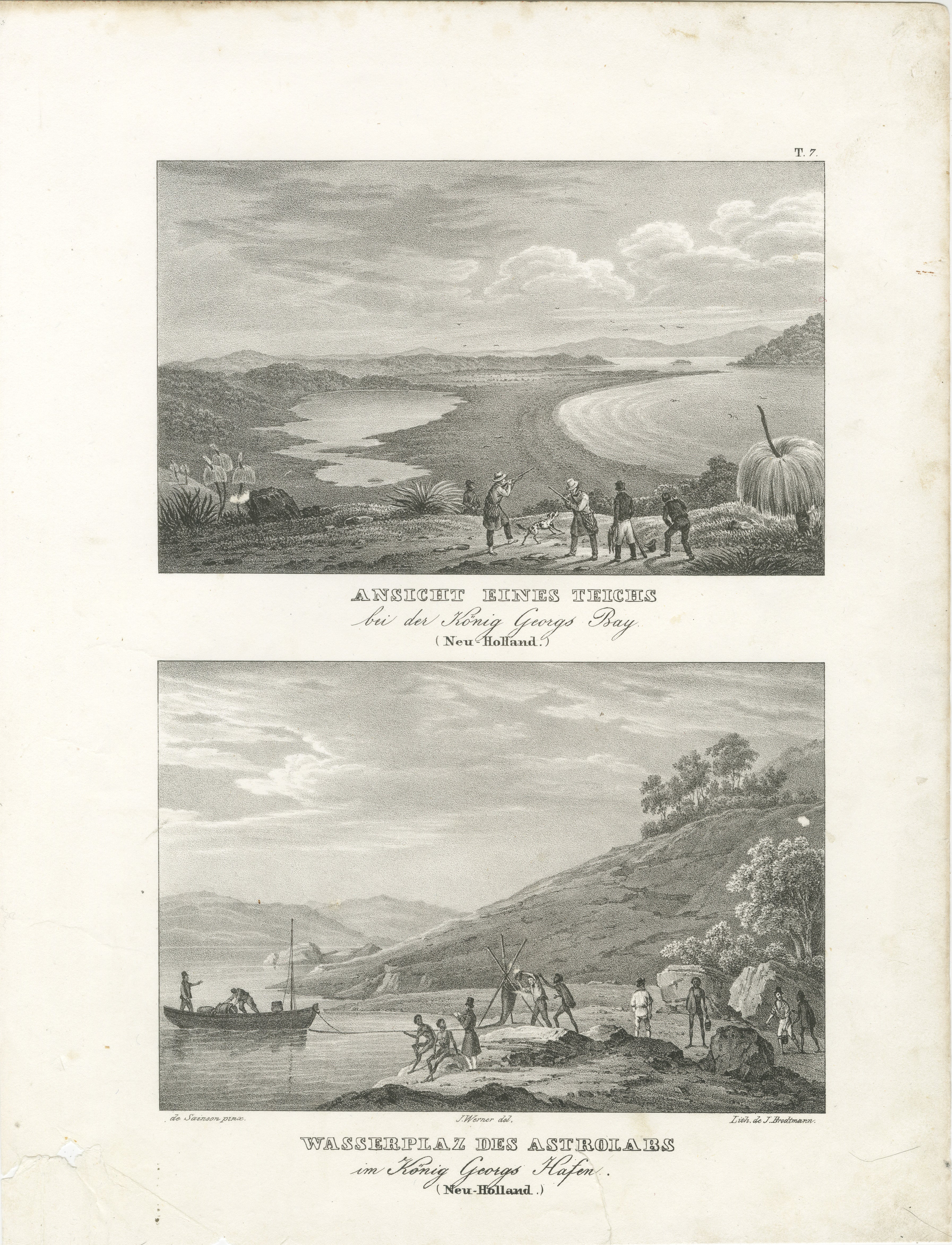 Titolo: Viste da King George's Harbour, &New Holland  

Descrizione: Questa litografia, risalente al 1836 circa, offre due scene suggestive di King George's Harbour (l'odierna Albany, Australia Occidentale), mostrando la bellezza naturale e la vita