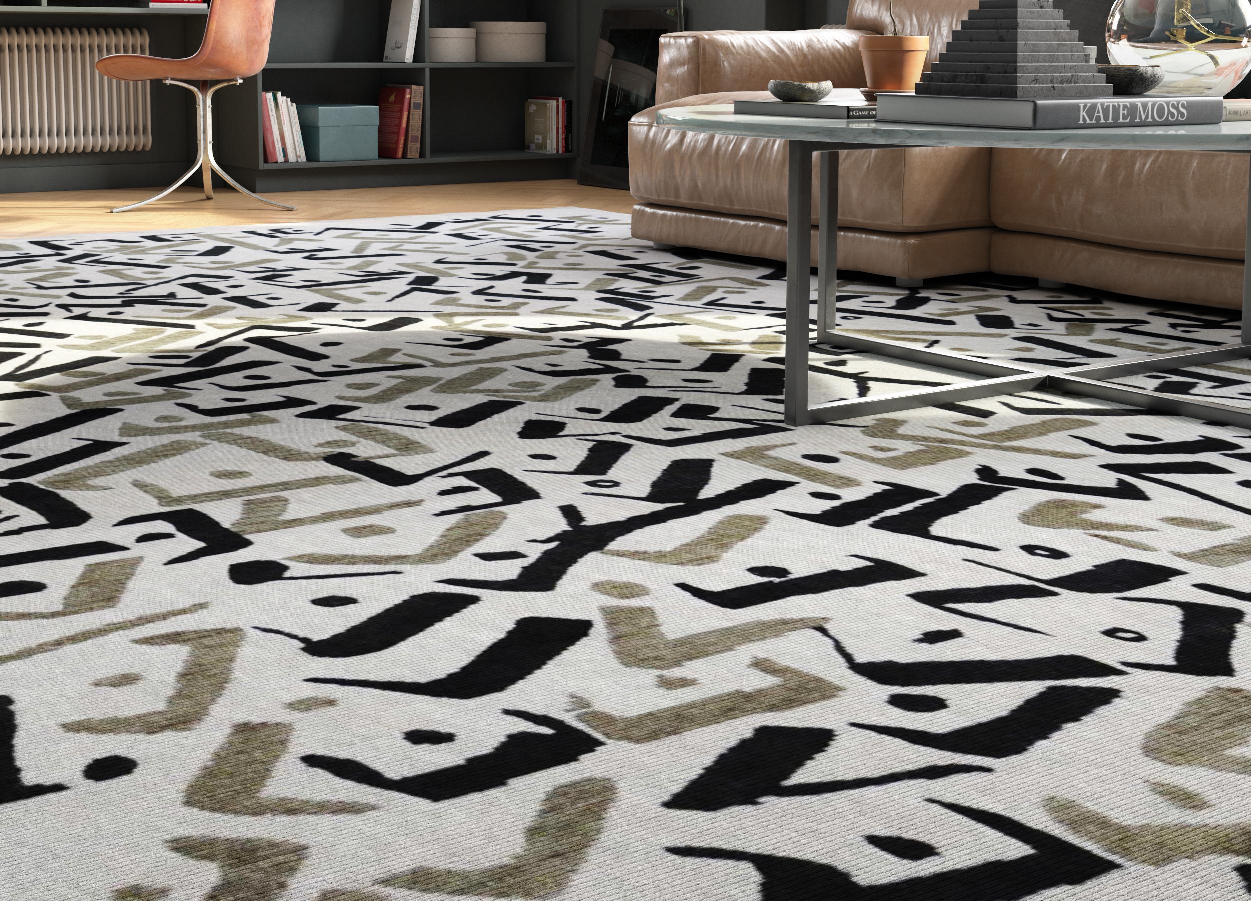 This rug uses abstract patterns using one word or phrase (in this case, 