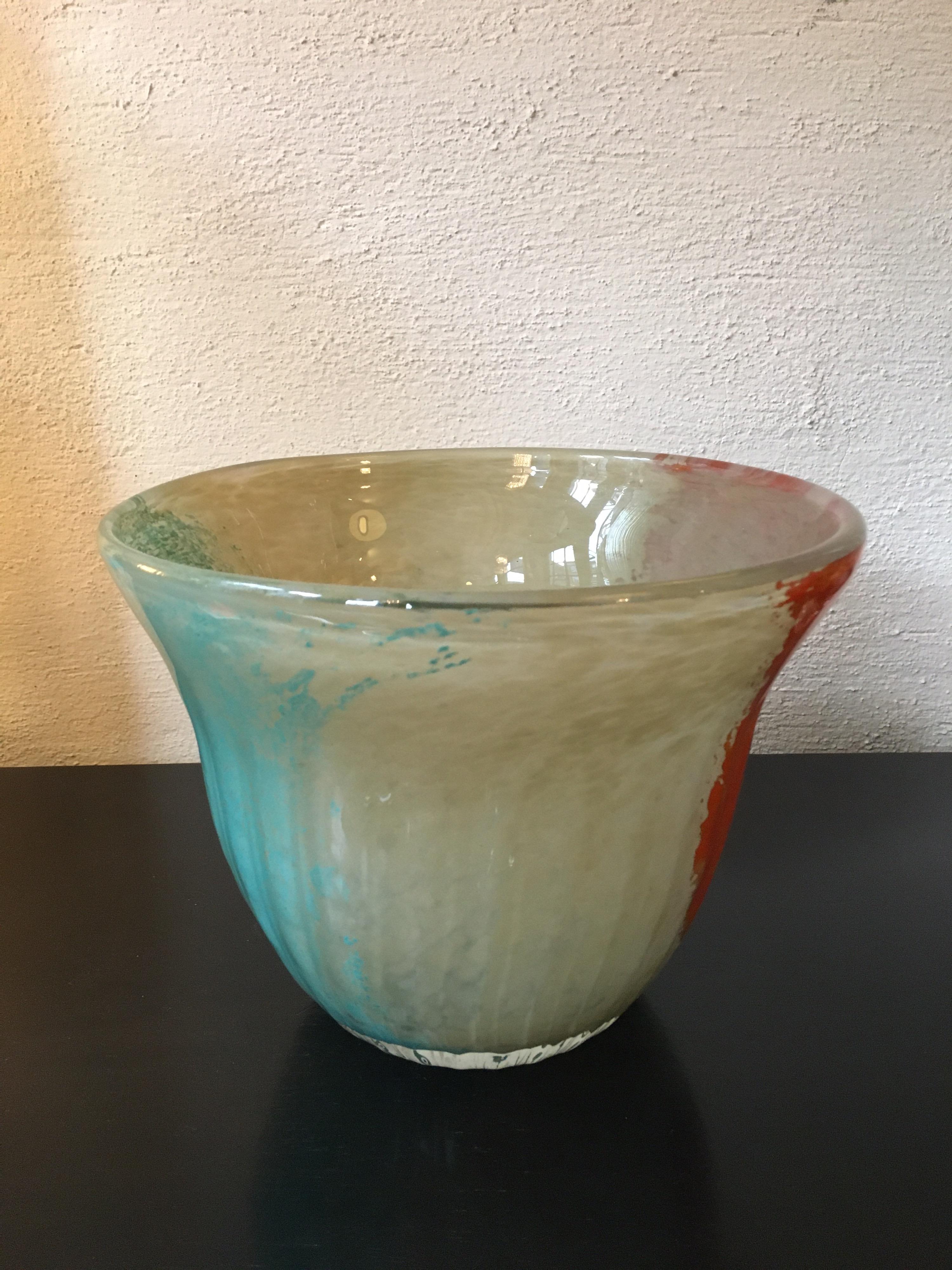 Evolution art glass vase or bowl by Waterford. Bright red and blue over a white glass background. In perfect condition!