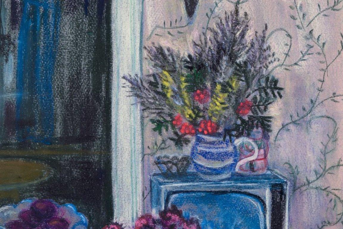 Evy Låås, artiste suédoise bien connue. Pastel sur papier. Intérieur du salon Excellent état - En vente à København, Copenhagen