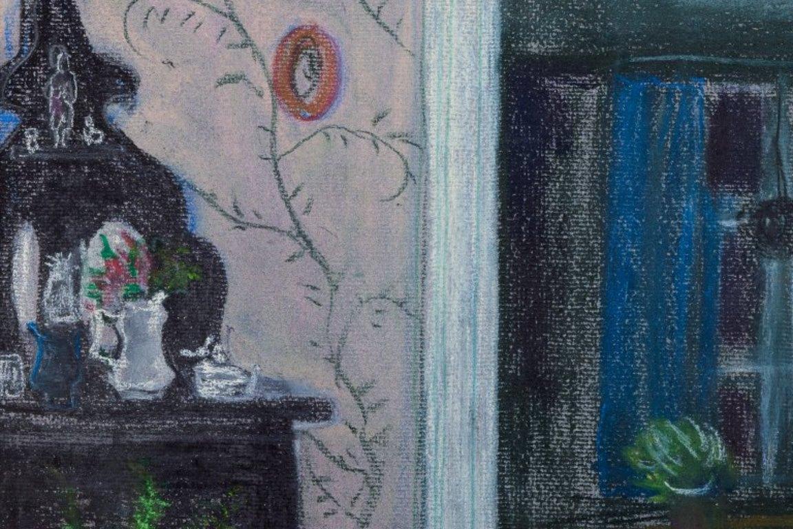 20ième siècle Evy Låås, artiste suédoise bien connue. Pastel sur papier. Intérieur du salon en vente