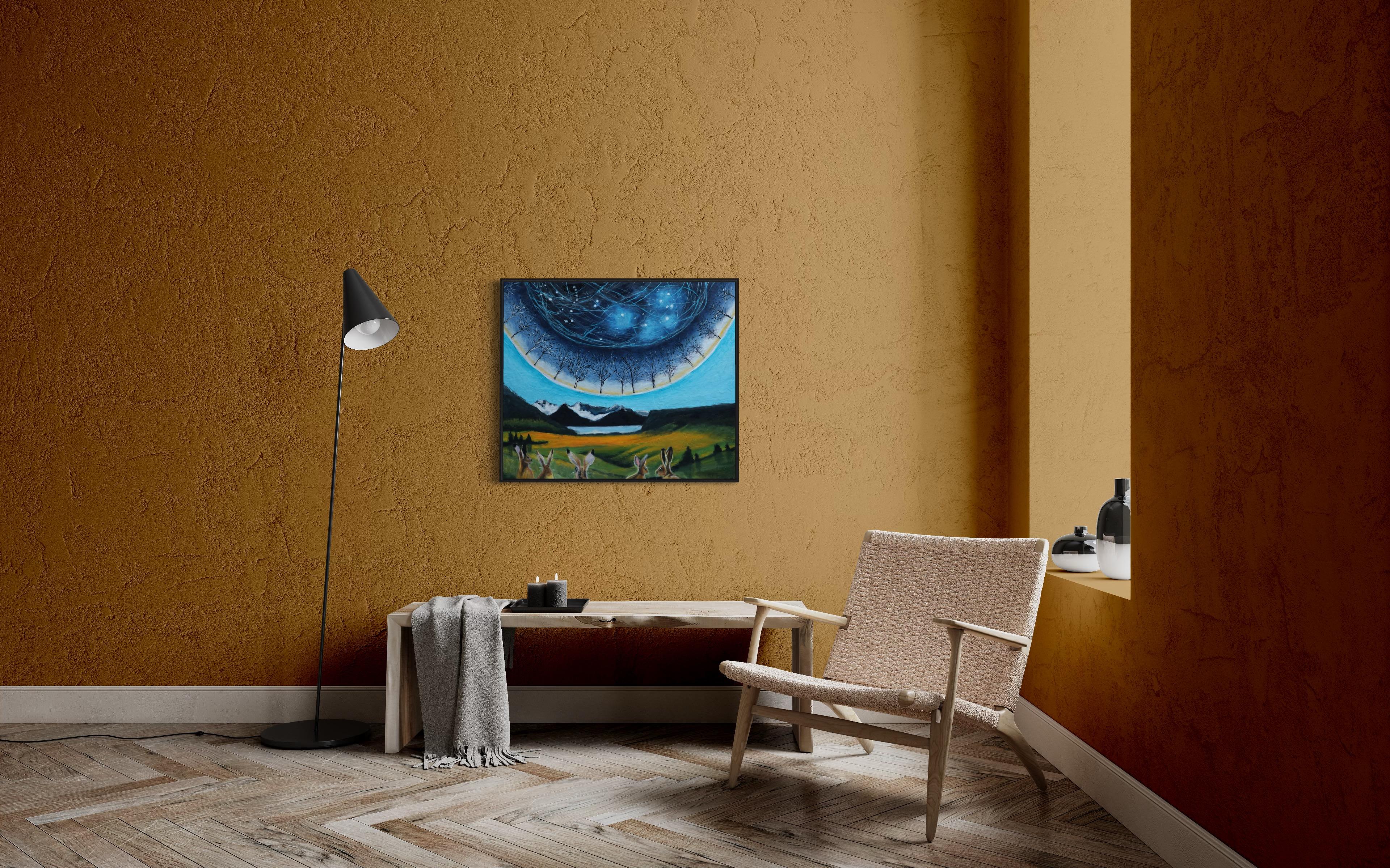 Astral Alignment mit verwirrten Kaninchen – Painting von Evy Olsen Halvorsen