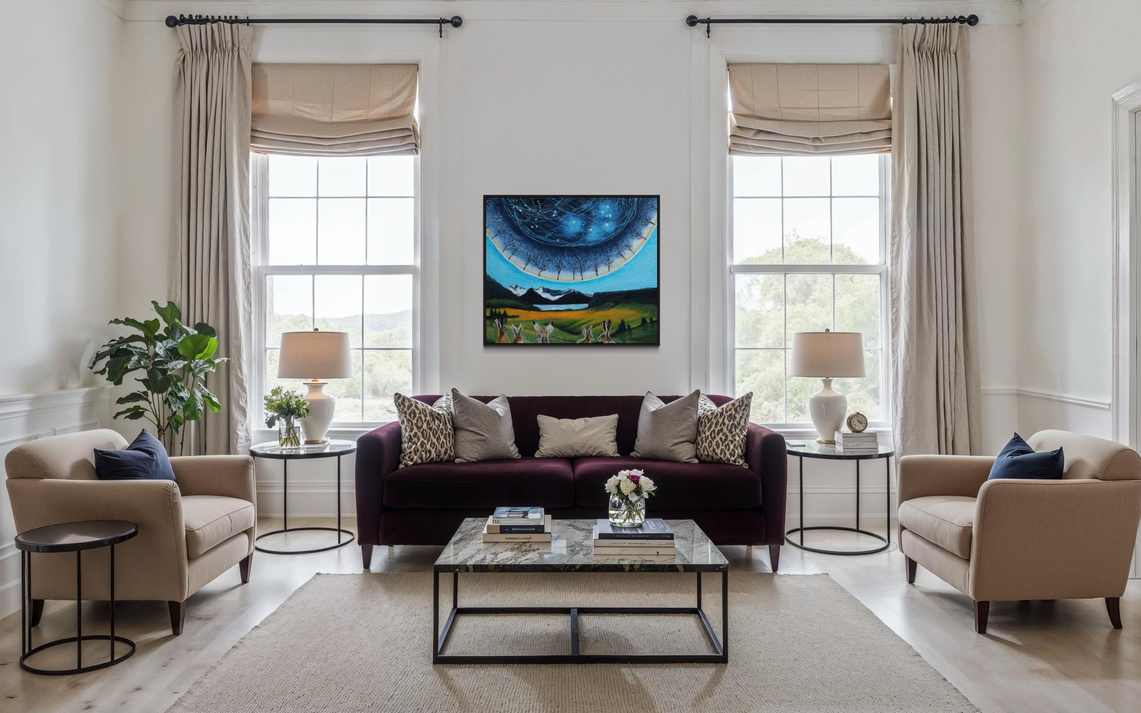 Astral Alignment mit verwirrten Kaninchen (Schwarz), Abstract Painting, von Evy Olsen Halvorsen