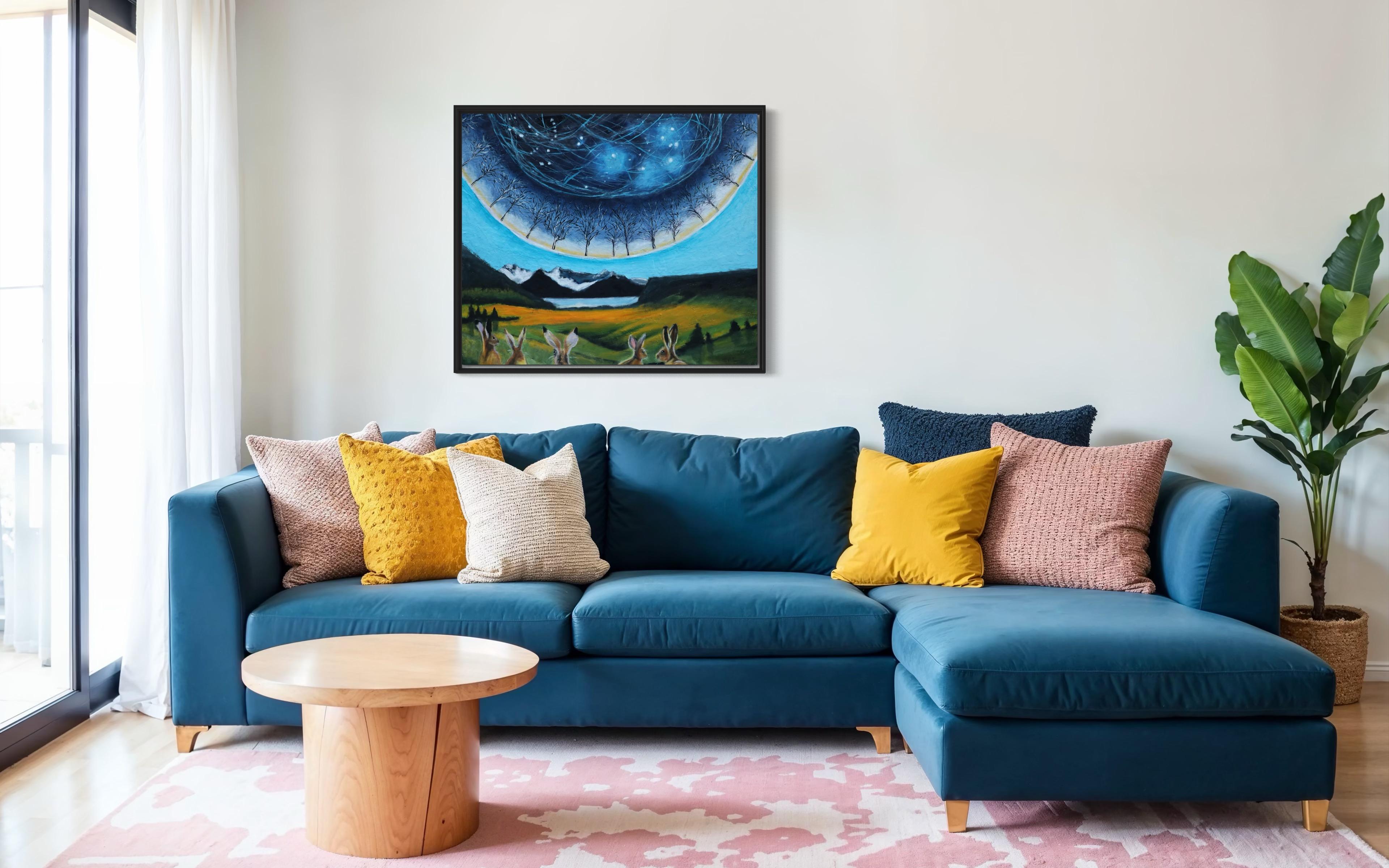 In diesem Gemälde habe ich Surrealismus mit metaphysischen Wundern verbunden und den Betrachter mit Öl auf eine kosmische Reise eingeladen. Die verwirrten Kaninchen symbolisieren die Neugierde unter einem futuristischen Himmelsnetz und