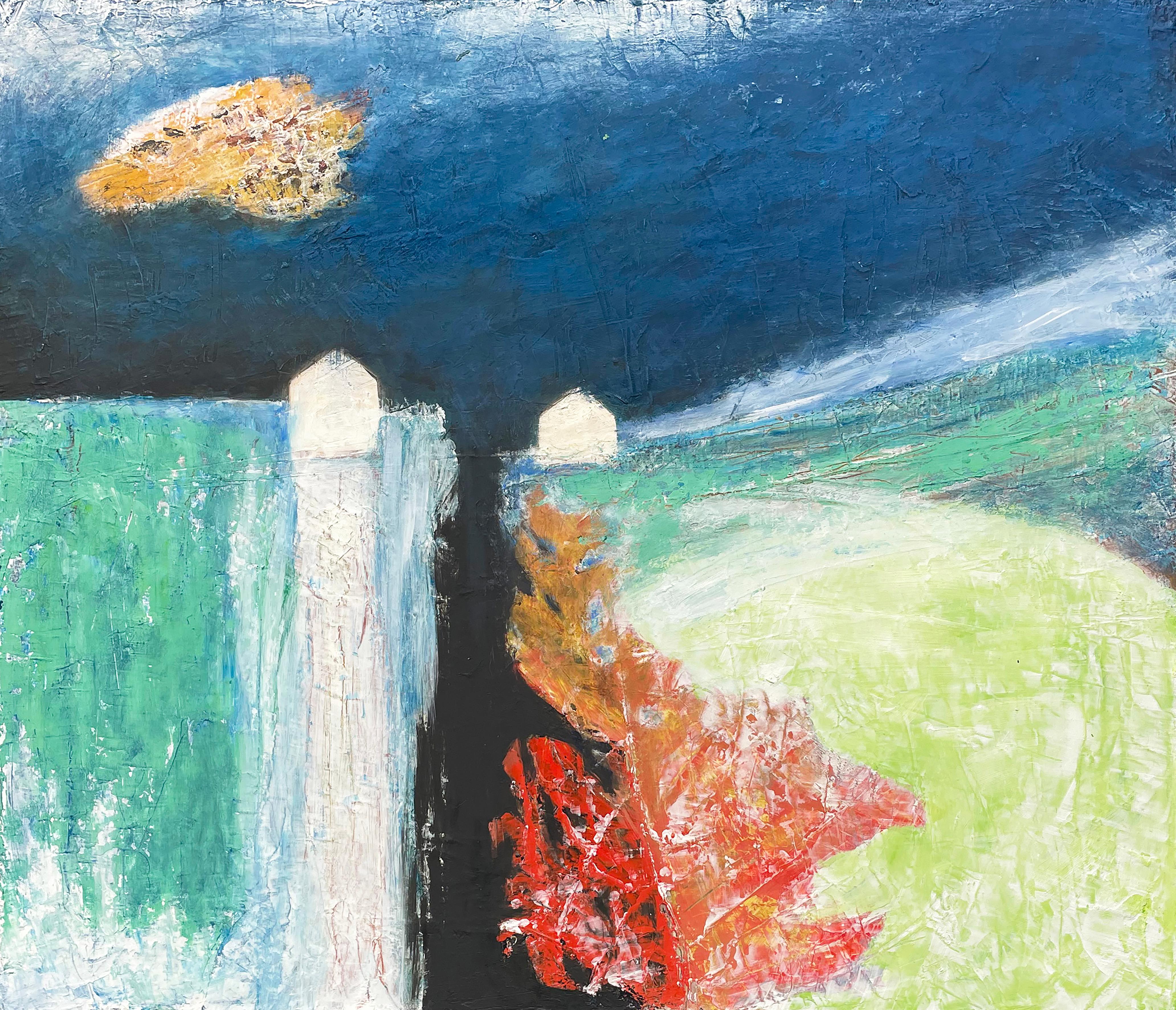 this painting is a metaphor for the divide between humans, lacking a bridge we do nothing but yell back and forth, not reaching each other. In an argument with my daughter there is an emotional distance to cross often unwillingly, to reach an
