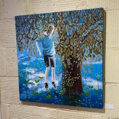 Dropping In, peinture à l'huile surréaliste sur toile, 36x36 pouces, non encadrée