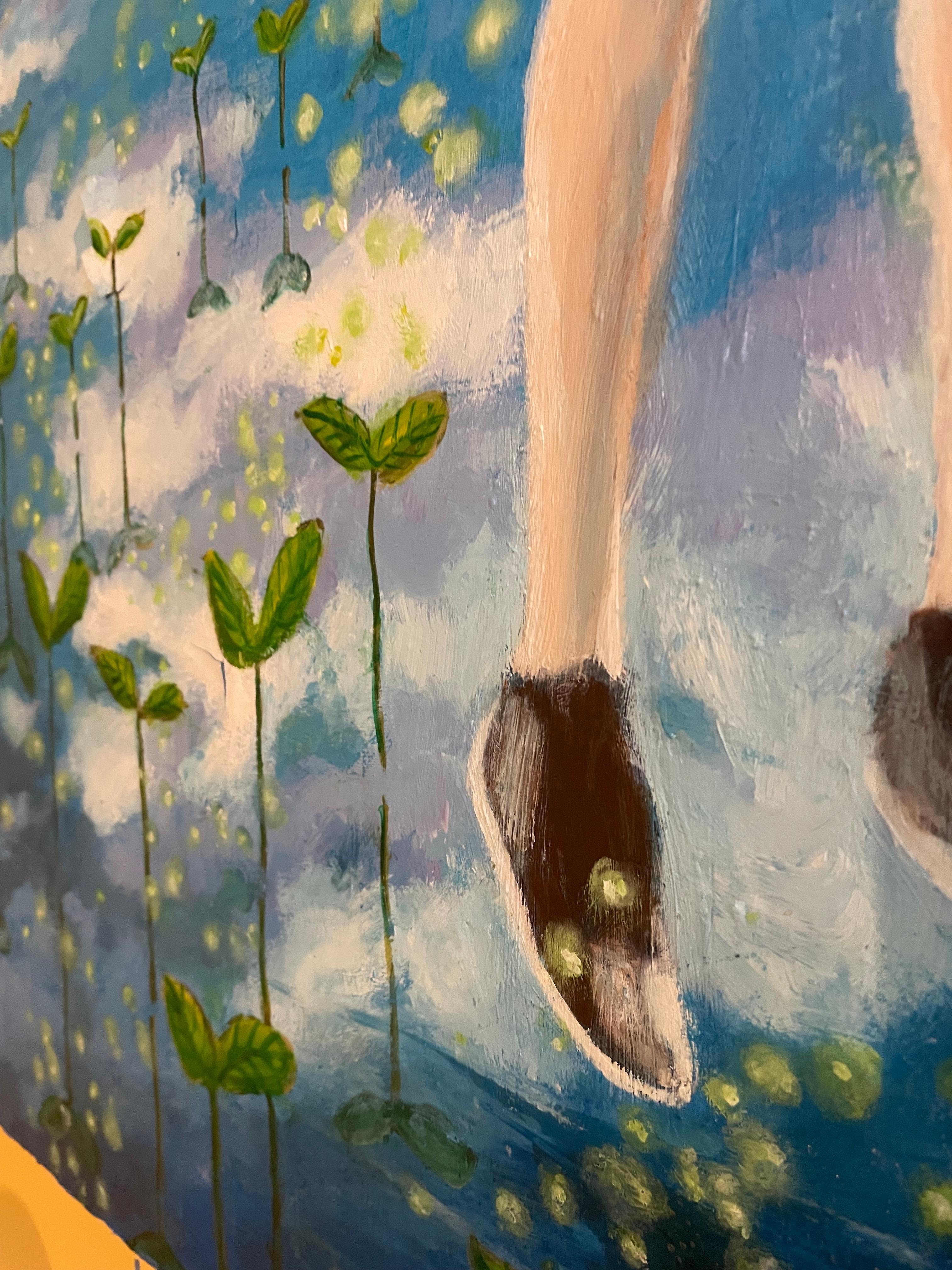 a child jumping into the world, metaphorically

A boy suspended between reality and dreams is enveloped by a tree whose branches both confine and liberate. The elements of earth and sky blur together, creating a captivating scene where lush foliage