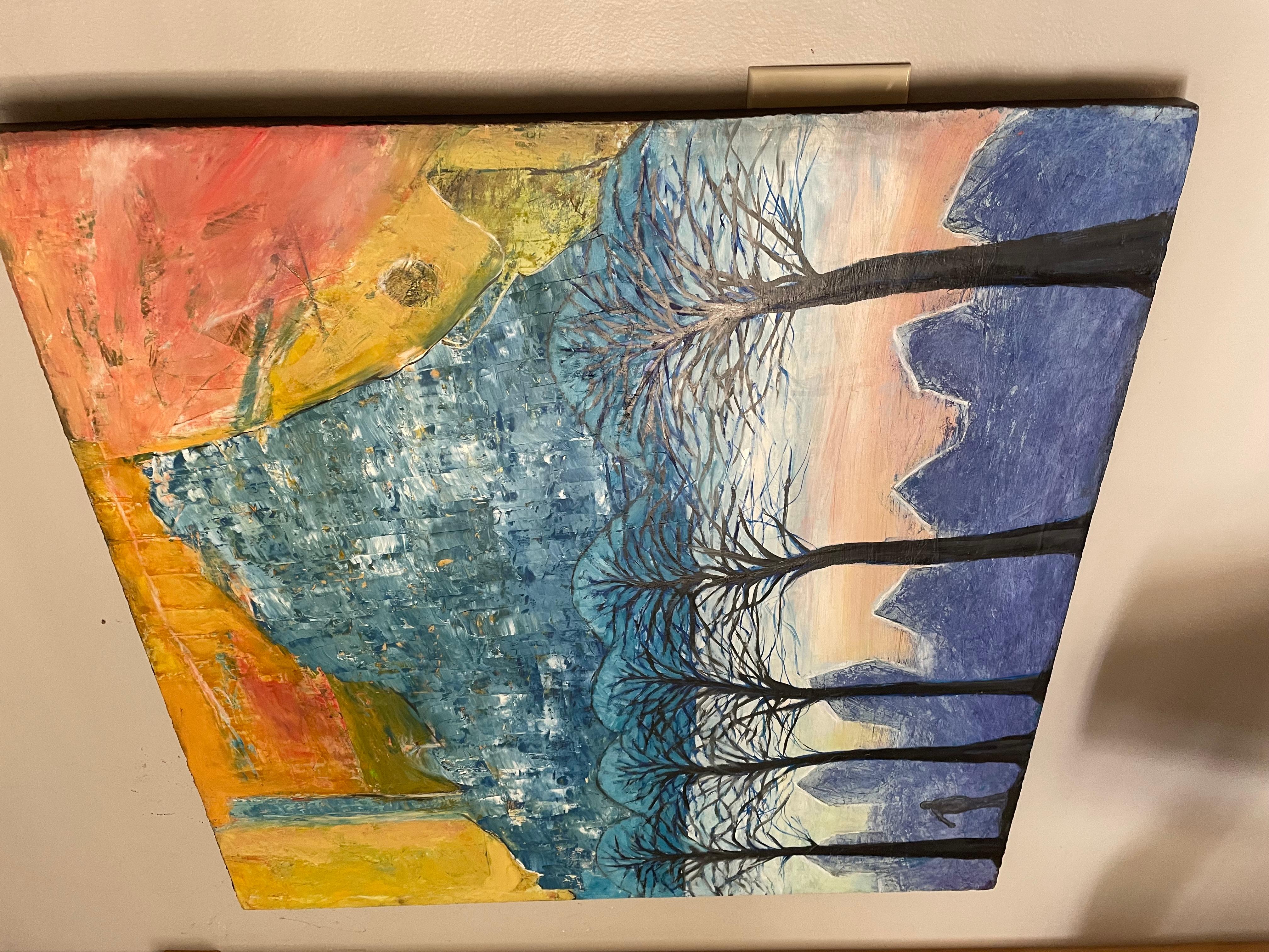 this vivid painting is reminiscent of my memory of visiting the hill towns of Tuscany, crowded, old and ancient with crumbling buildings around them.

Nestled within the radiant sky, a delicate gathering of cobalt trees quietly stands, their slender
