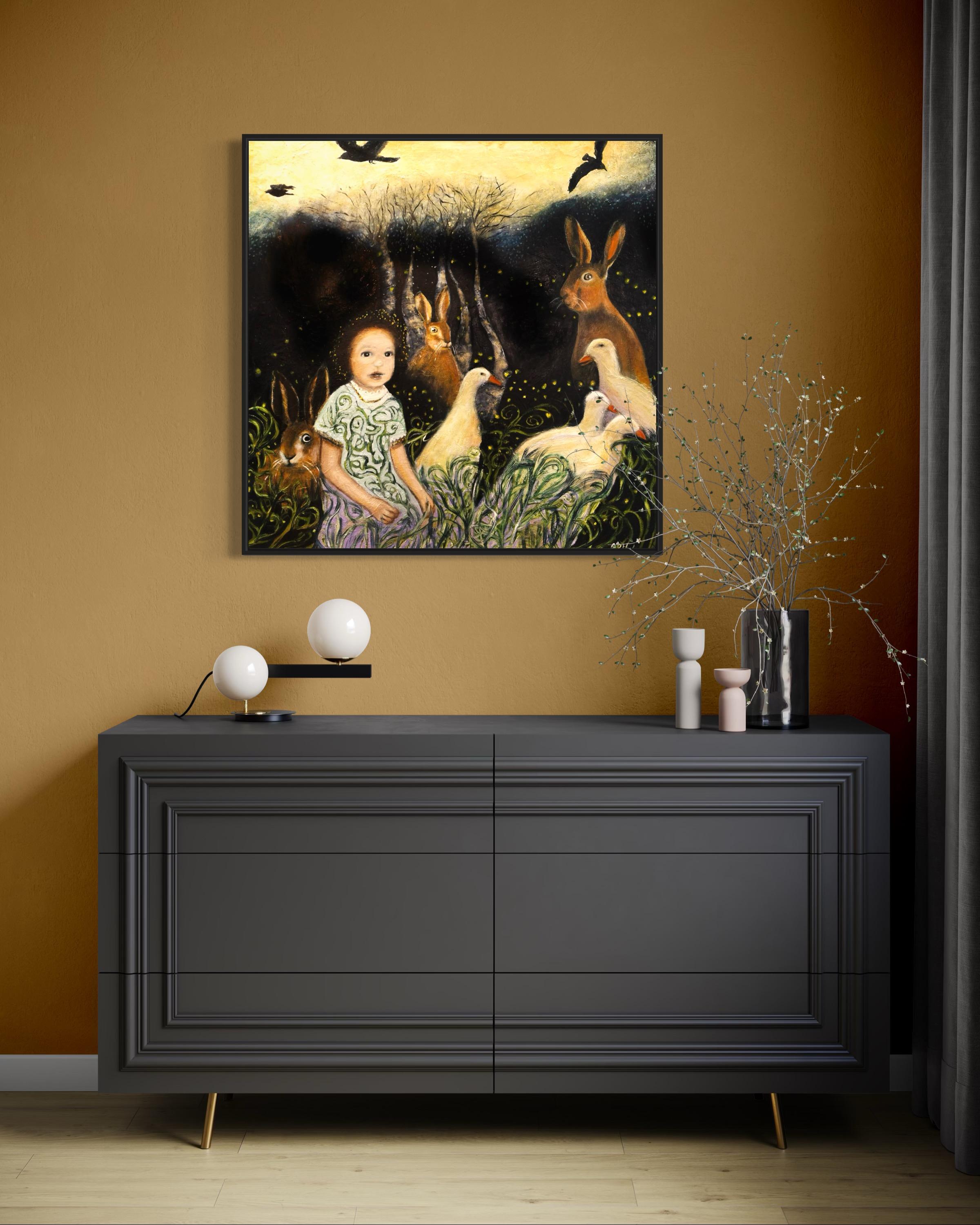 this is a fantasy painting based on a photo of my husband's niece when she was little, a little photo of a charming child that I imagined had a good imagination.

In creating this painting, I ventured into a mystical union of the natural and