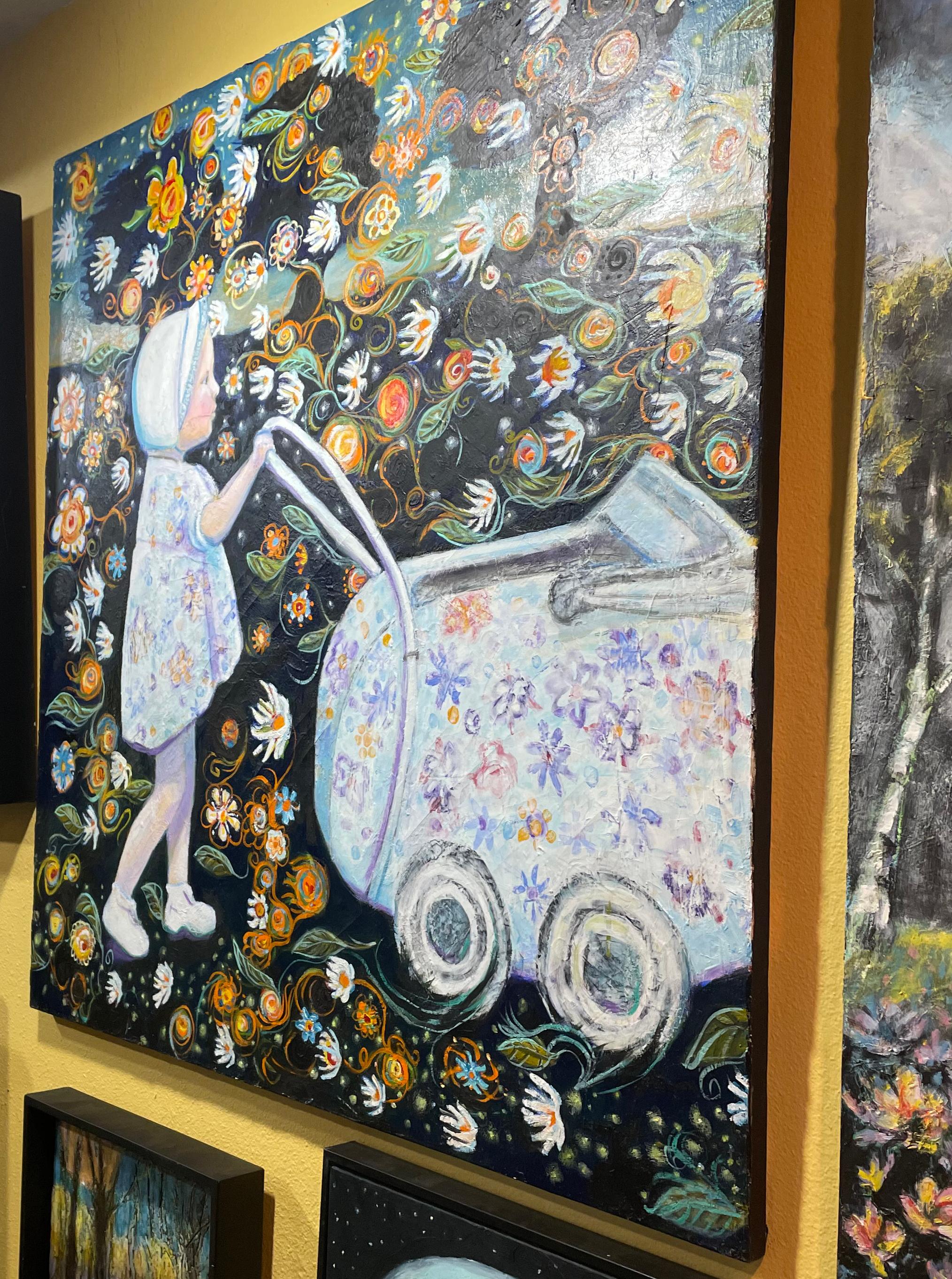 Floral patterns spring to life in this charming scene where a young child pushes a decorated pram. The piece presents the innocence and wonder of childhood, as bright blossoms unfold against a deep, contrasting background. The detailed portrayal of
