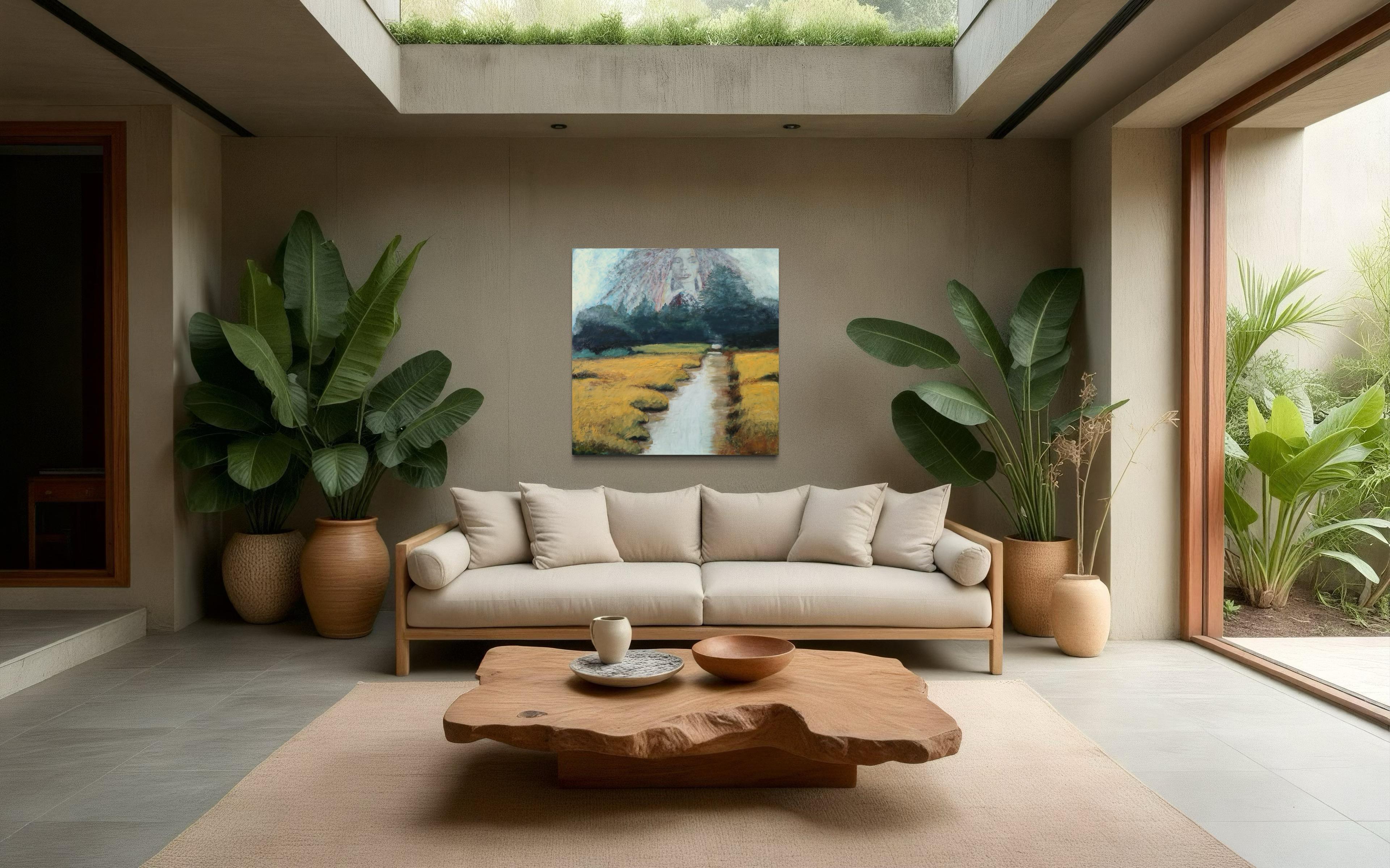 In this artwork, I sought to blend the boundaries between the tangible and ethereal—a surreal vista that pulls the observer into a dialogue between past and present. The ethereal face overlaying the serene landscape expresses a haunting presence of